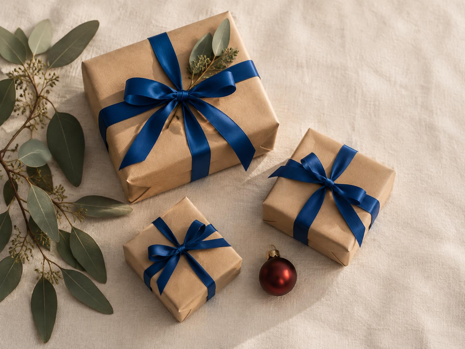 Gifts wrapped in kraft paper with cobalt ribbon and eucalyptus